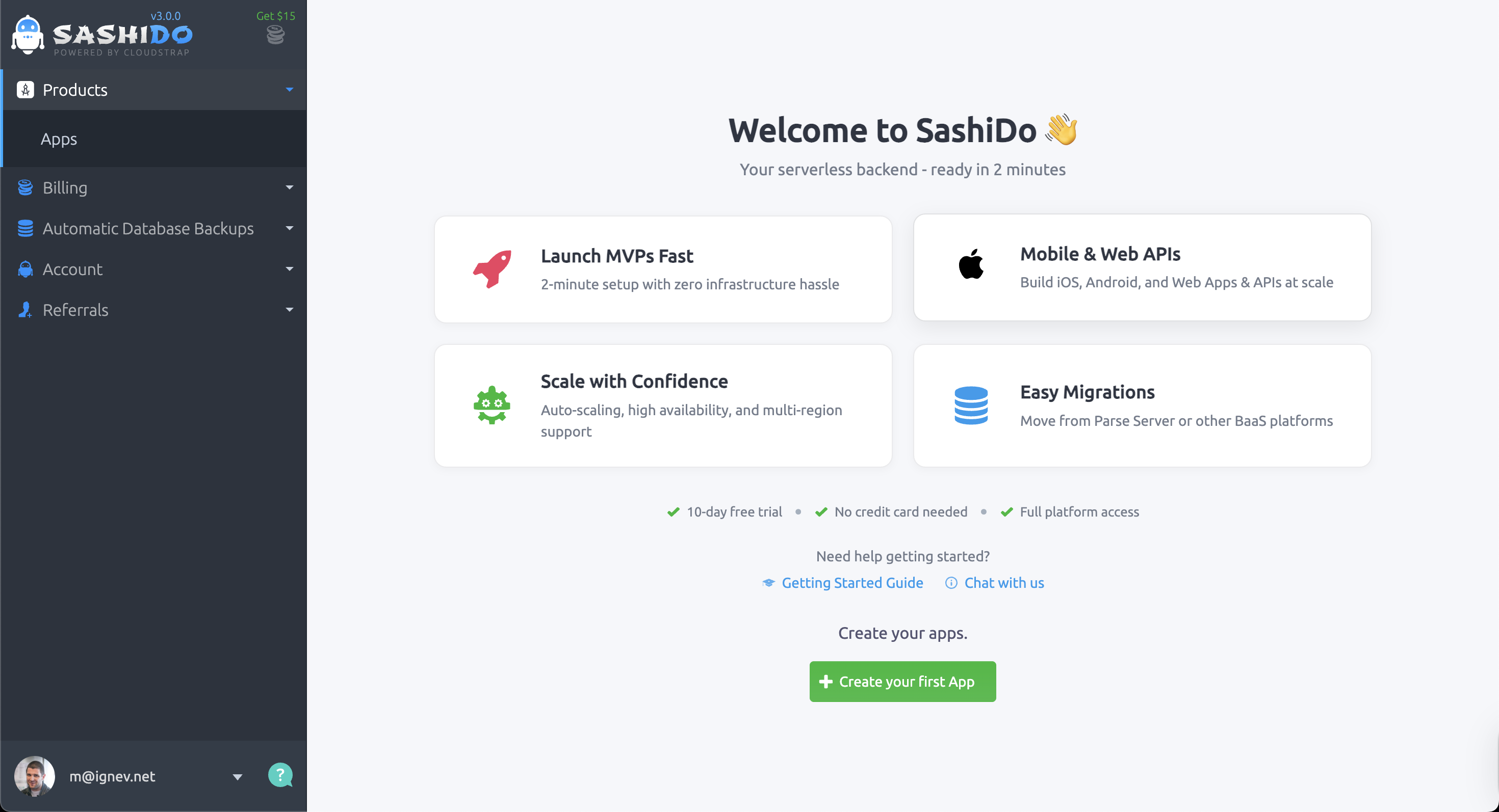 SashiDo Backend Dashboard Create your first Application